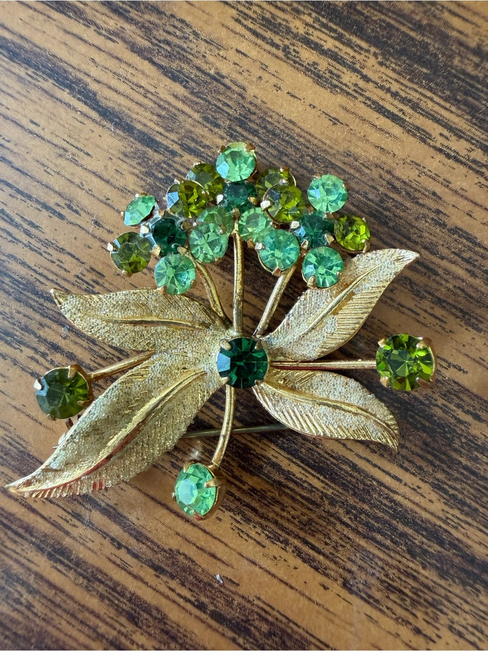 Vintage Made in Austria Green Rhinestone Floral Spray Brooch Pin Gold Tone